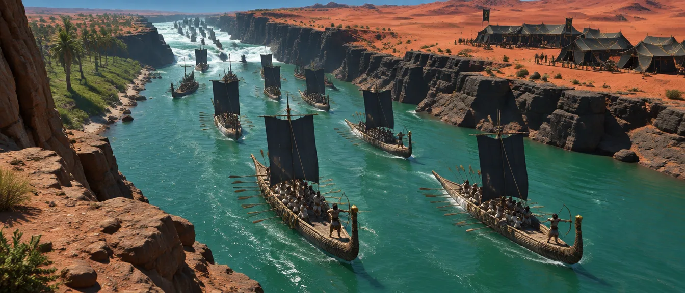 Jeram ketujuh dari tebing kiri: armada perahu buluh berlayar hitam memadati ngarai granit, kemah gelap di gumuk merah tepi kanan.